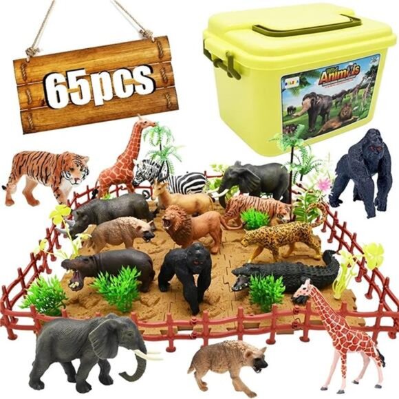 65PCS Safari Animals Figures Toys, Realistic Plastic Jungle Zoo Wild Animals - Picture 1 of 8
